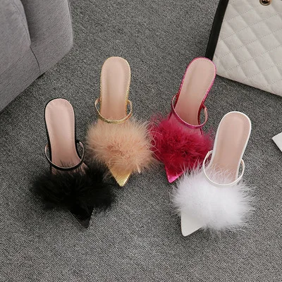 

Luxury Fashion 2022 Sexy Ladies Shoes Slides Female Sandals Pointed Toe 11.5CM High Heels Fur Slippers Party Shoes Women