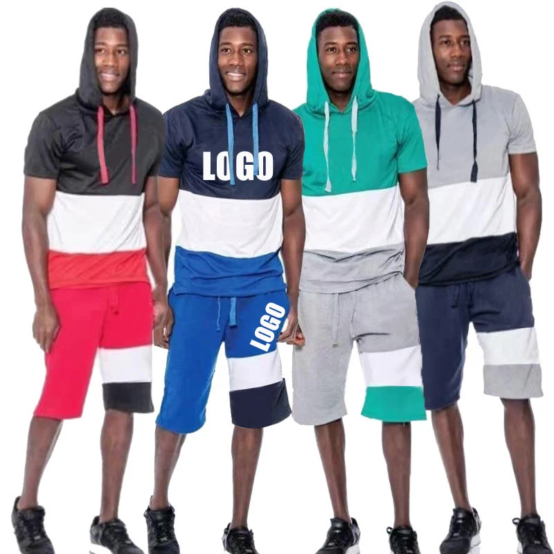 

Summer Outfits 2021 Men Clothing Colorful Casual Loose Jogging Sweatsuit Hooded T Shirt Two Piece Shorts Set, Customized color