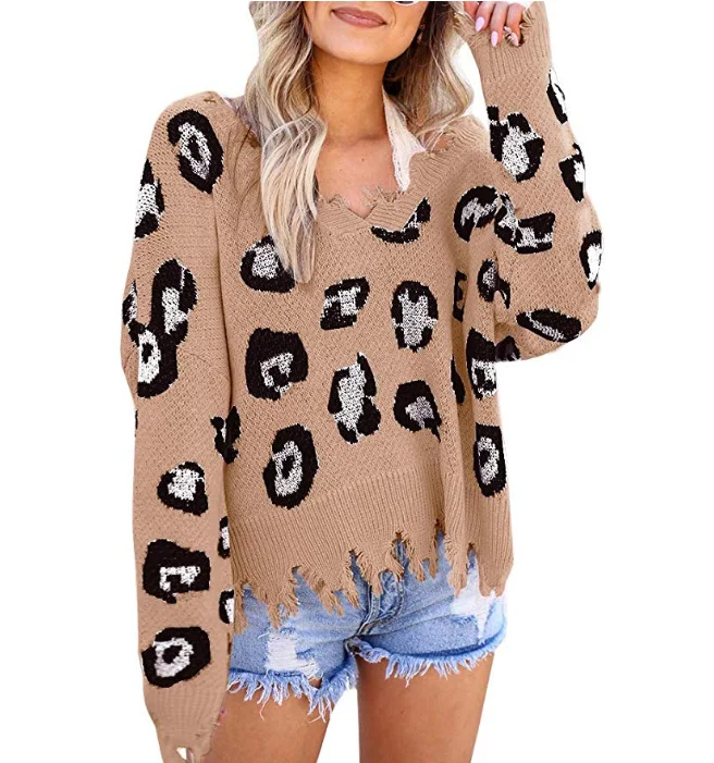 

2021 autumn and winter new hot selling fashion long sleeve loose large leopard sweater casual V-neck Pullover women's sweater