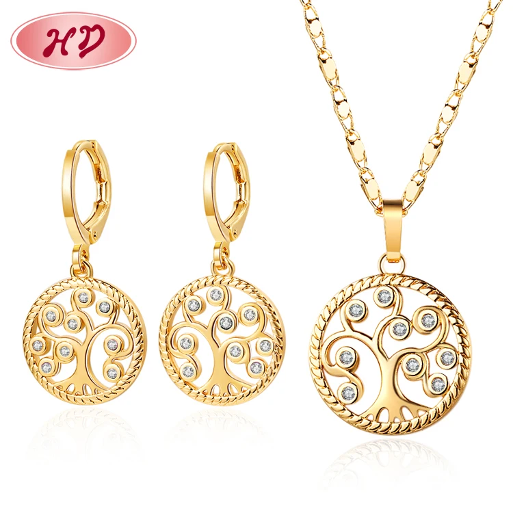 hot selling jewelry cubic zircon elegant earring necklace tree of life fashion joyas sets for women