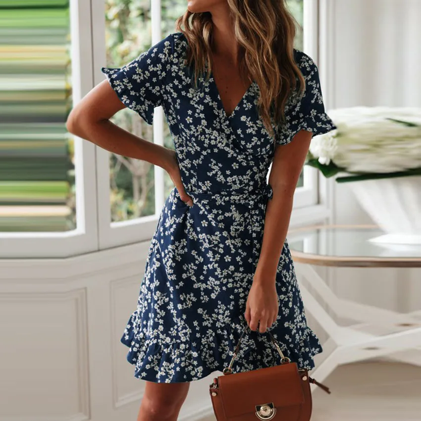 

New Arrivals Vintage Dress Fashion Lotus Sleeve V Neck Summer Ladies Printed Chiffon Girls' Casual Dress Women Floral Skirts