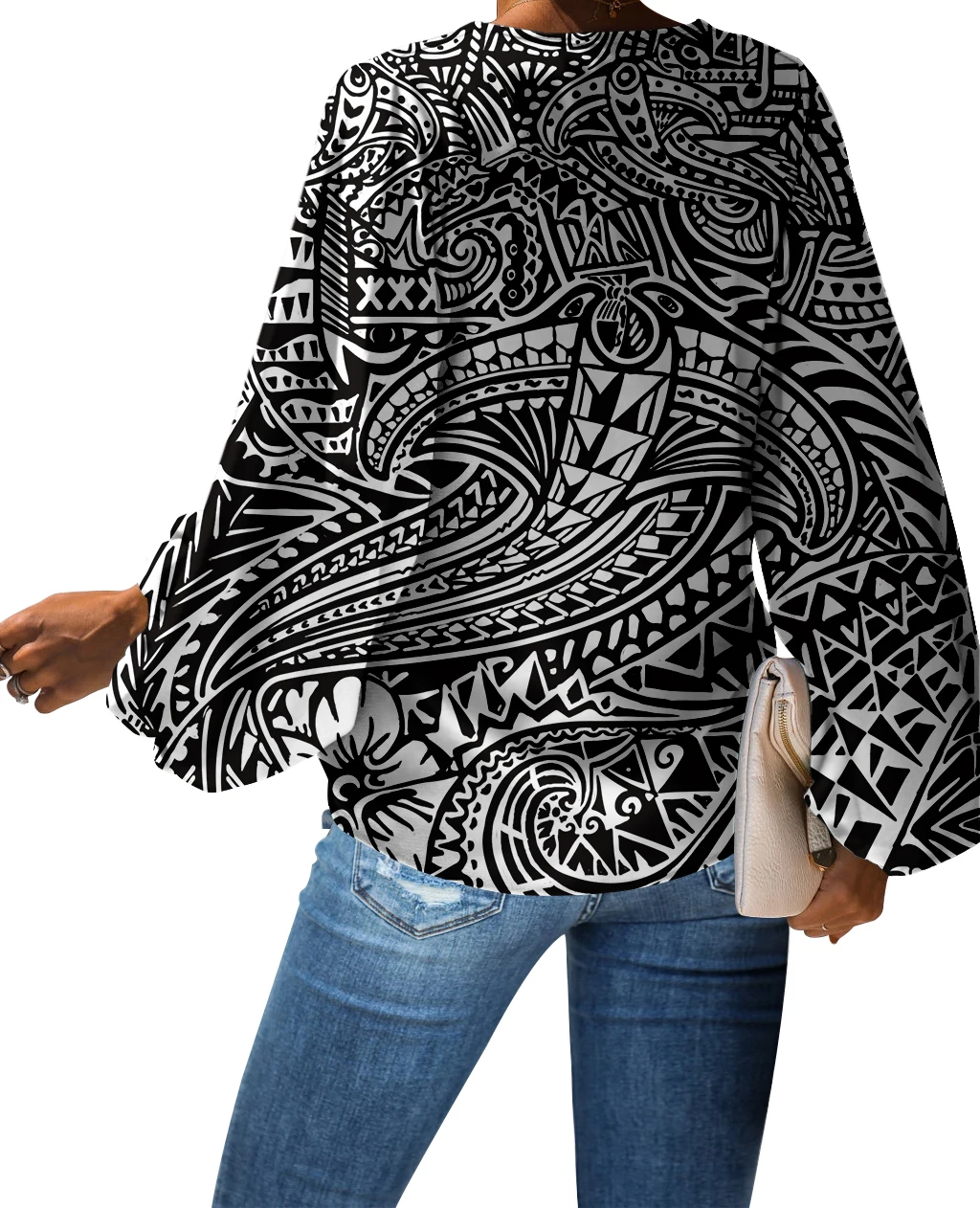 波利尼西亚传统部落风格印花女士雪纺衬衫女式衬衫长袖衬衫的定制雪纺