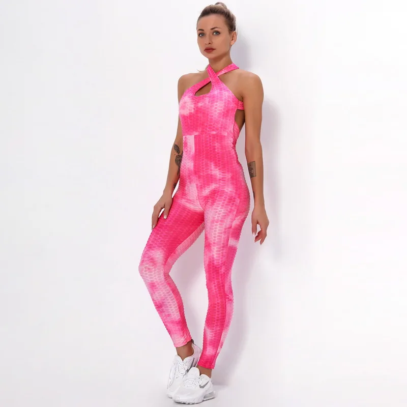 

Tie Dye Sexy Breathable Fitness Jumpsuits And Rompers Bubble Compression One Piece Sports Jumpsuit, As picture