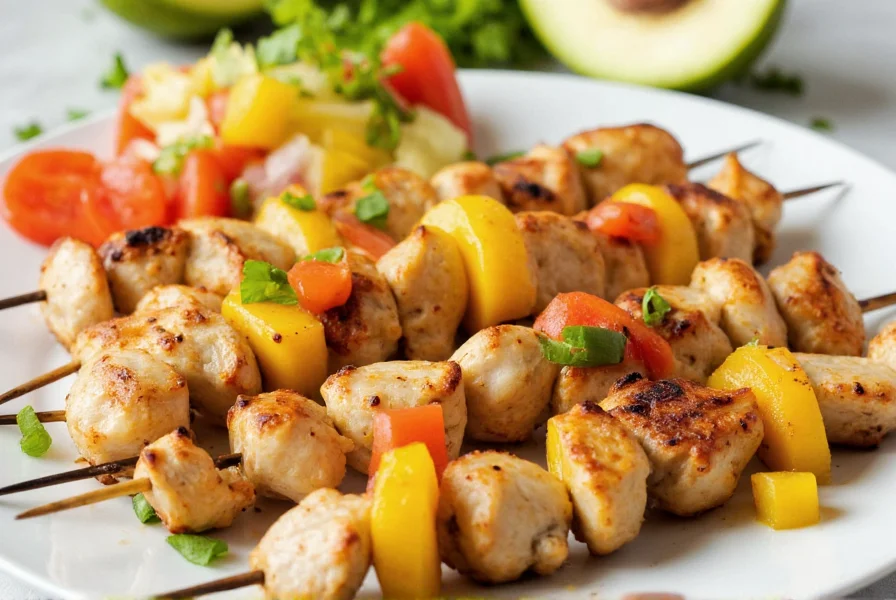 Grilled chicken skewers with mango pepper seasoning served with tropical fruit salsa