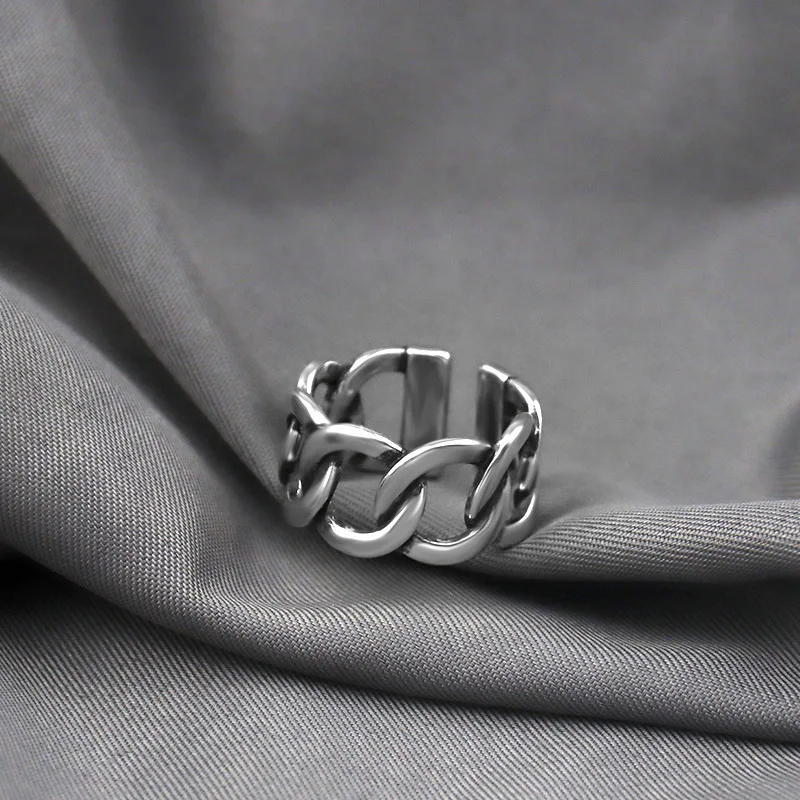 

Fashion Women Finger Jewelry Classical Vintage Silver Ring Wide Opening Cuff Curb Chain Ring for Cocktail Party