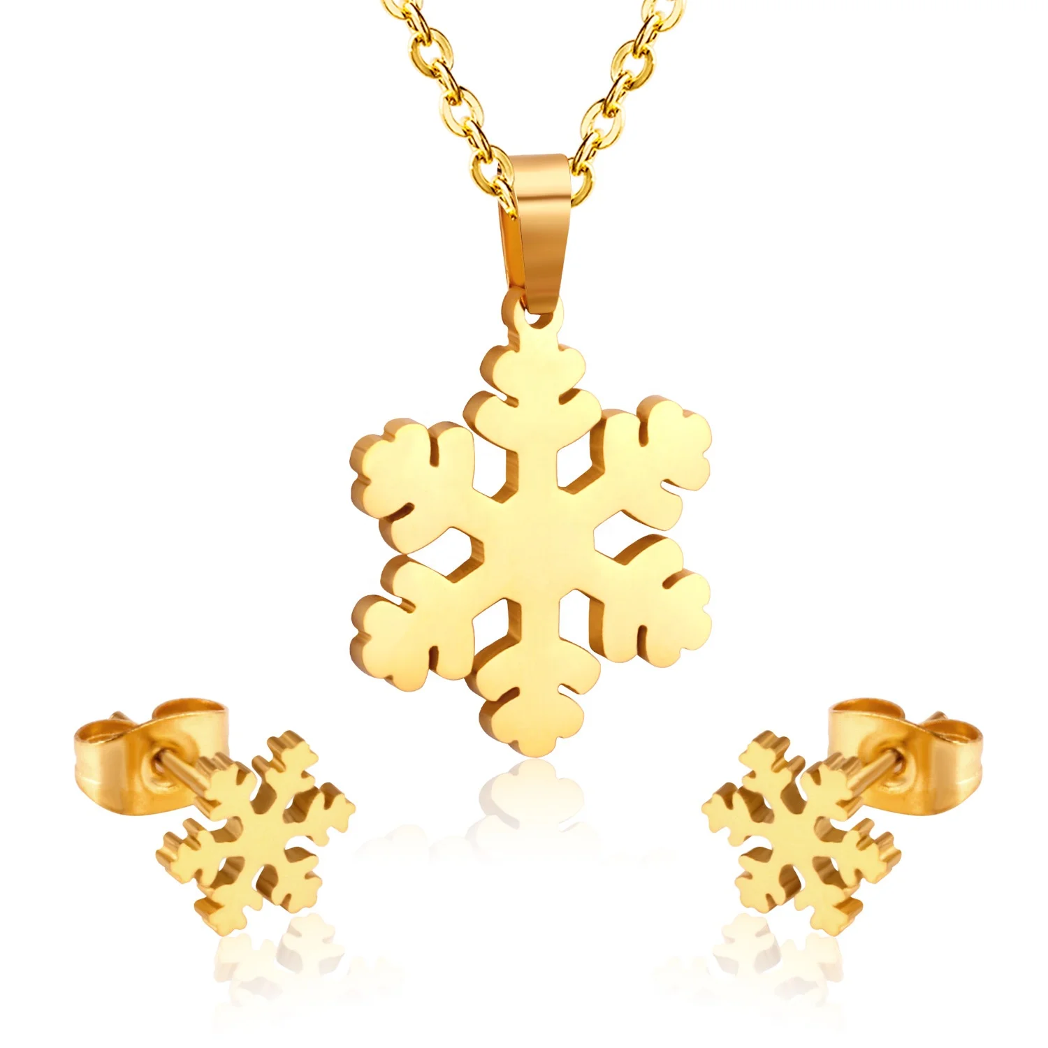 

Simple Design Gold Plating Stainless Steel Snowflake Necklace Jewelry Set, Gold/silver available