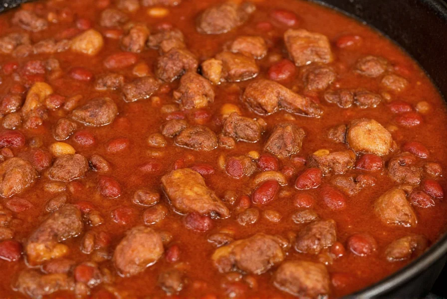Authentic Texas-style chili con carne in cast iron pot showing rich reddish-brown color and meat chunks