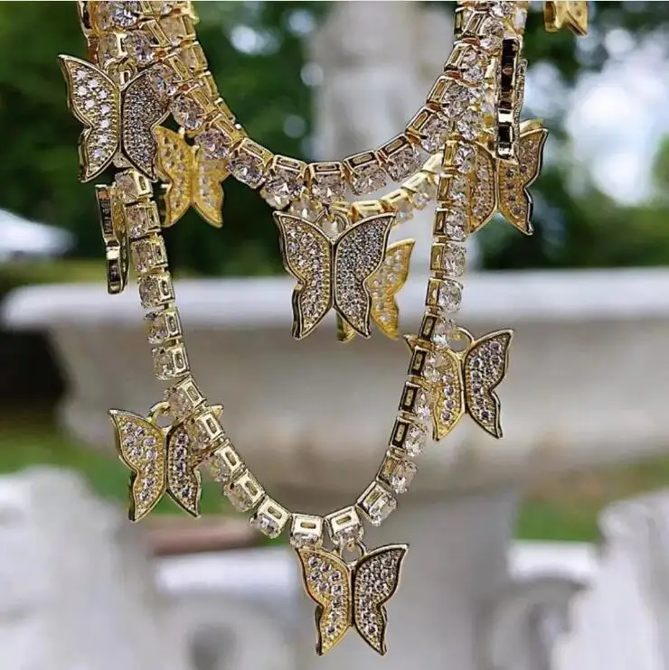 2019 Fashion Jewelry Iced Out Cz Diamond Butterfly Necklace Pendant With Tennis Chain
