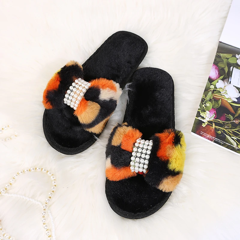 

Ladies Girl Bowknot Beaded Warm Fluffy Furry Slippers Autumn And Winter Fuzzy Australia Sheepskin Fur Slides Slippers for Women