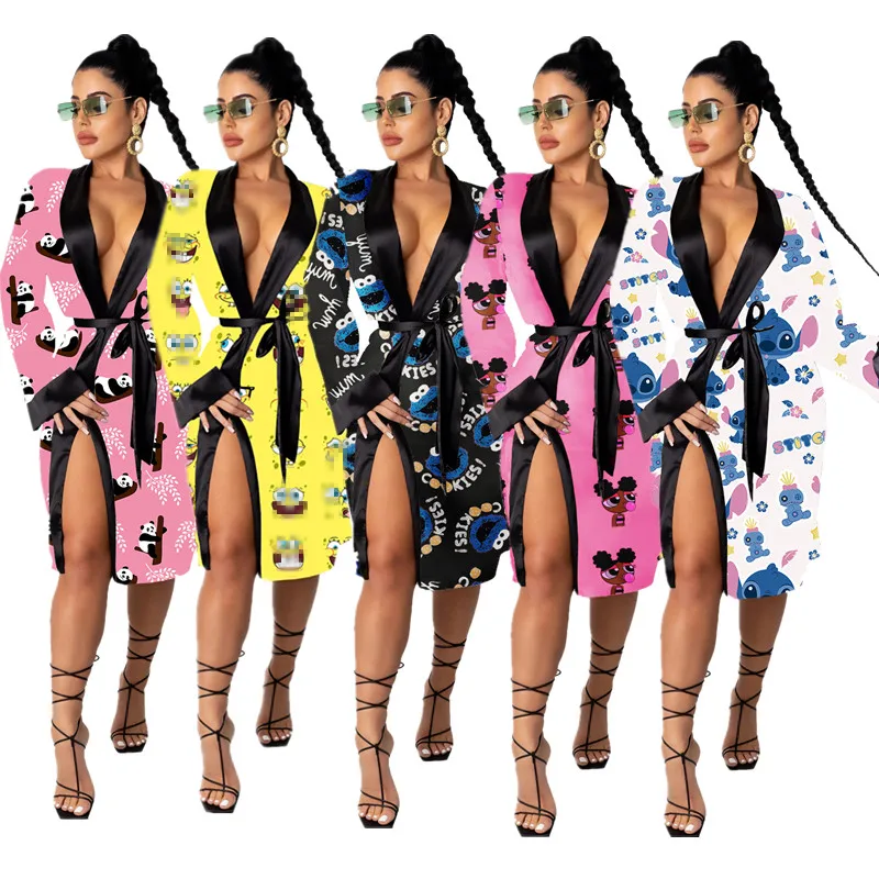 

New Arrival Cartoon Character Robe Pajamas Casual Cute Cartoon Sleepwear Women Satin Lounge wear Sexy Silk Kimono Robes, 6 colors