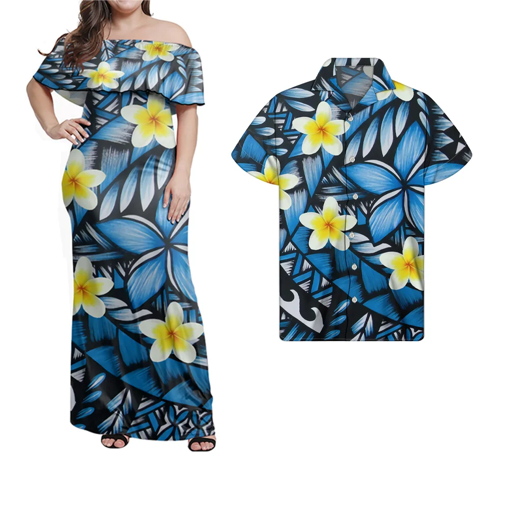 

Wholesale Floral Plus Size Off Shoulder Dress Polynesian Tribal Print Couple Set Clothes Women Short Sleeve Dress Men's Shirts