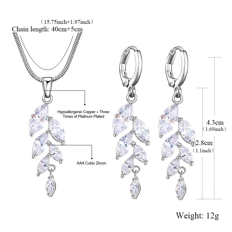 

fashion cubic zirconia leaf jewelry set luxury pendant necklace drop earrings for women party wedding jewelry best gift for love