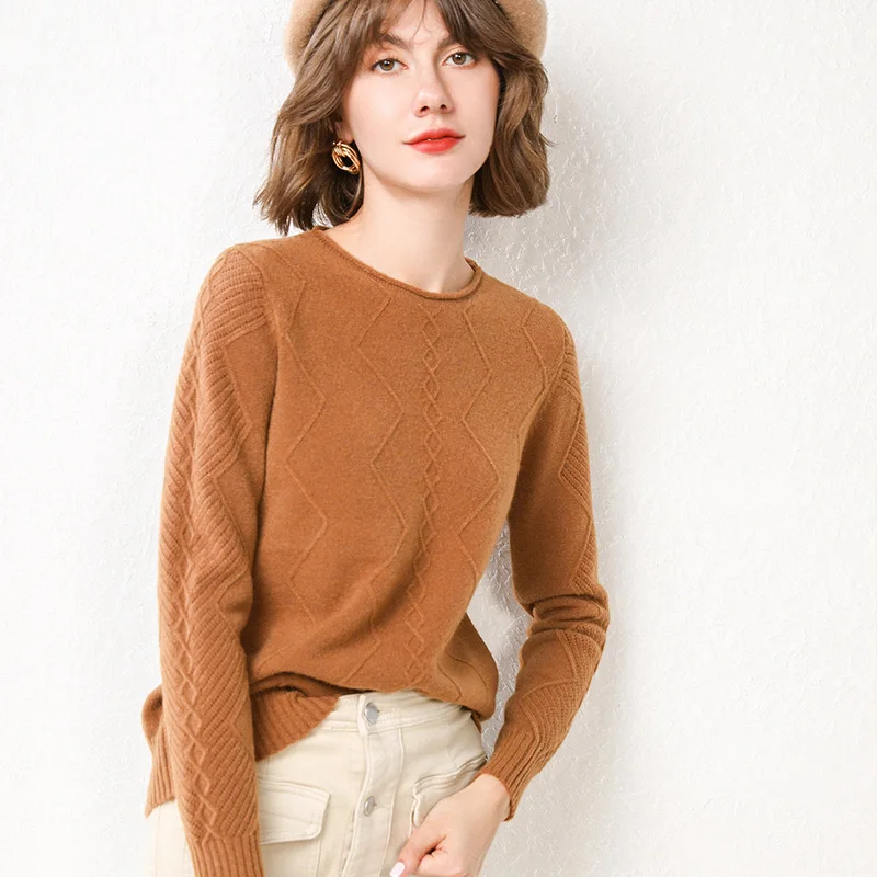 

2020 New Fashion Wool Cashmere Sweater Women Crimping O-neck Solid Color Diamond Pattern Plus Size Women's Sweaters Pullover, Solid color as shown