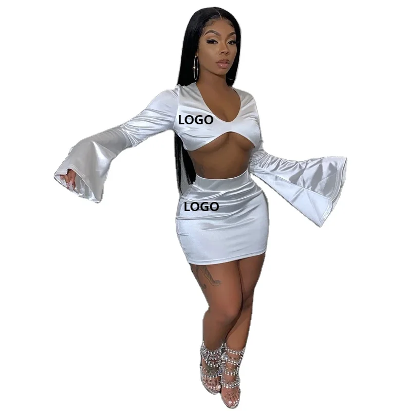 

S991312W Latest design handmade italian branded white crop top 2 piece set women skirt sexy outfit flare sleeve v-neck fall