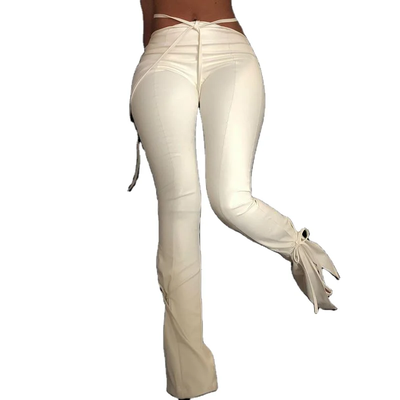 

New Arrivals 2021 Woman Leather Pants Beam With Foot PU Flare Pants Lace-Up White Skinny Sexy Women Bottoms