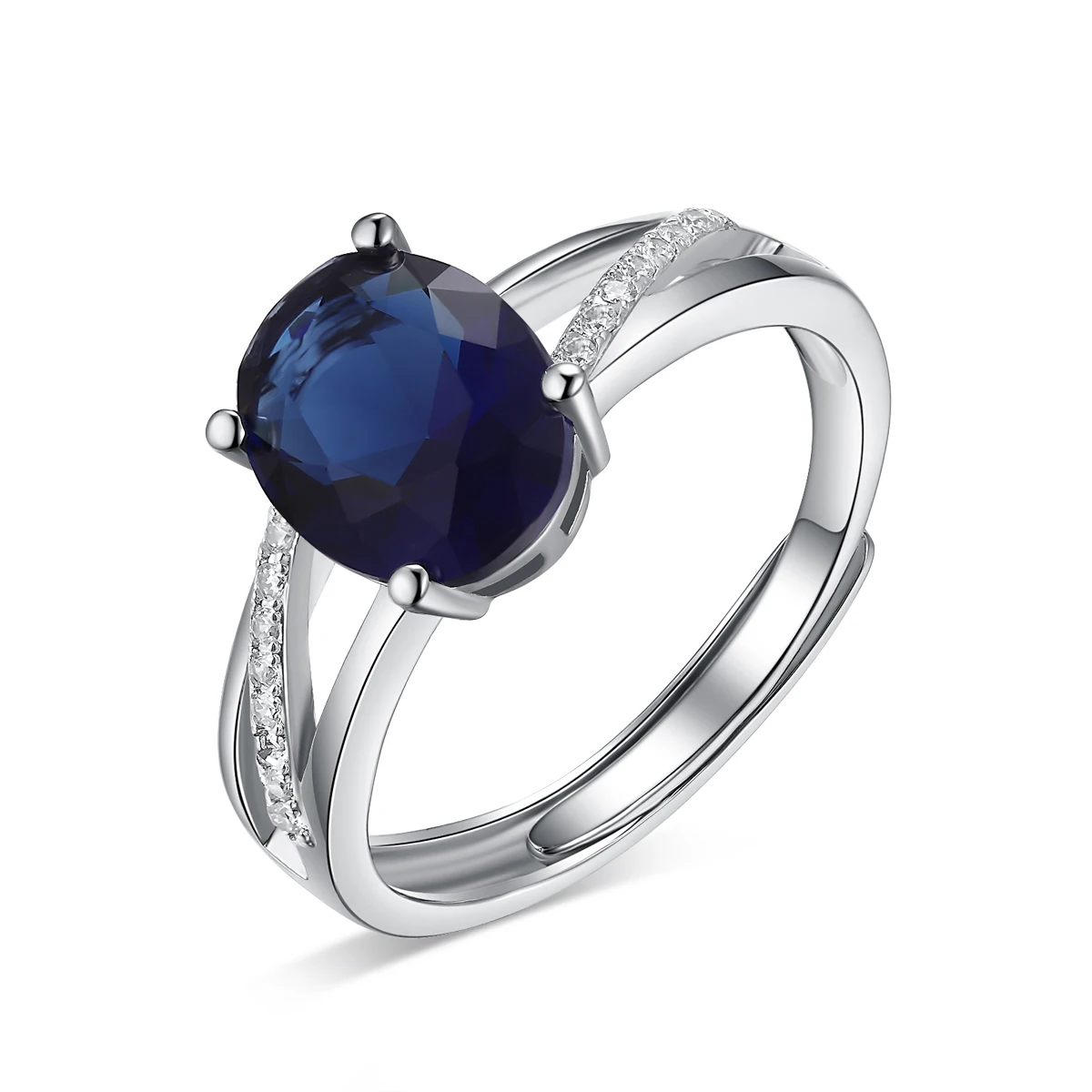 

925 Sterling Silver Adjustable Rings Cz Paved 4 Claws Oval Blue Sapphire Gemstone Women Ring Jewelry In Silver