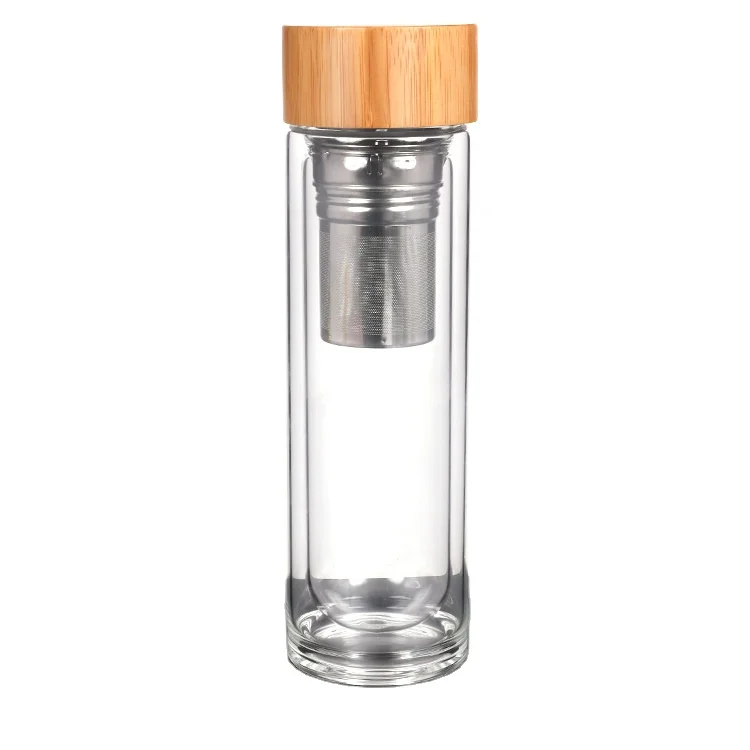 

Printed double wall borosilicate glass water bottle with stainless steel infuser and bamboo lid/bamboo tea tumbler
