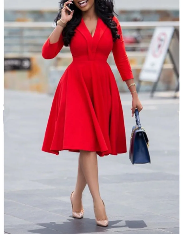 

2021 New Elegant Autumn Bodycon Fashion V Neck Women Casual Dress, Red
