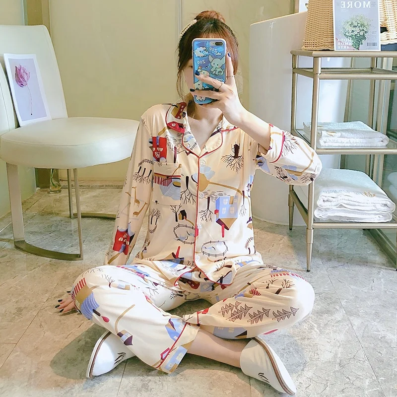 

2019 autumn loose thin cozy homewear print nightwear popular cardigan sleepwear long sleeve cotton pajamas for women