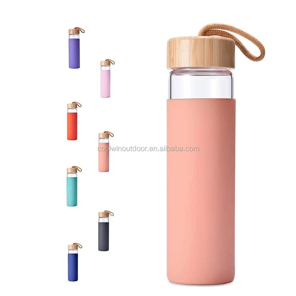 DEARRAY Sport Borosilicate Glass Water Bottle with Protective Silicone Sleeve and Unique Bamboo Lid 25oz Mint 