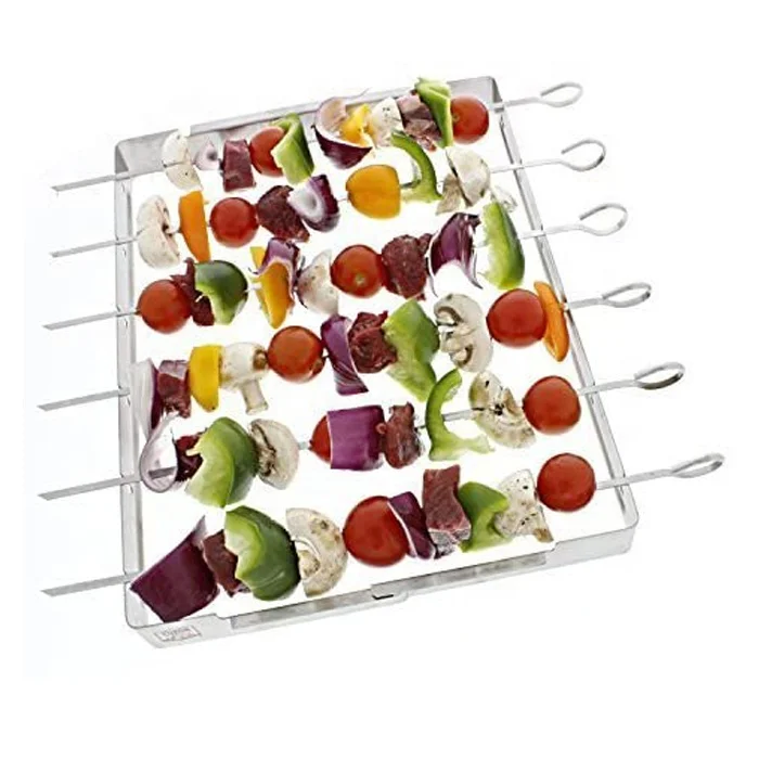 

Stainless Steel Skewers Shish Kabob Set 6 pcs Skewer Sticks with Foldable Large Grill Rack Kabob Rack, Silver