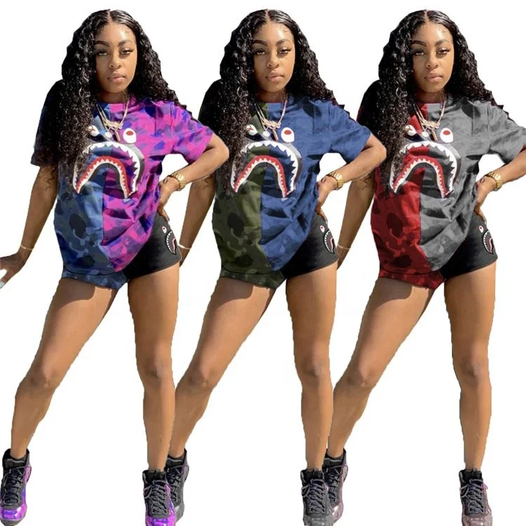 

Wholesale Female Tracksuit Shark Print Stitching Summer Running Sport 2 Piece Sets For Women