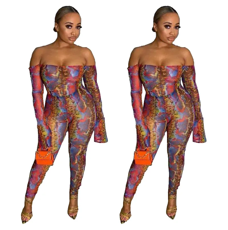 

91023-MX54 off shoulder snakeskin style printed jumpsuits women 2019