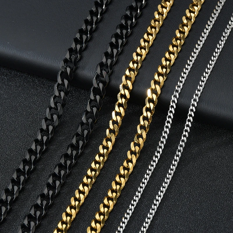 

Hot-Sale Curb Cuban Link Chain Chokers Basic Punk Stainless Steel Necklace For Men Women Vintage Black Gold Tone Solid Metal, Picture shows