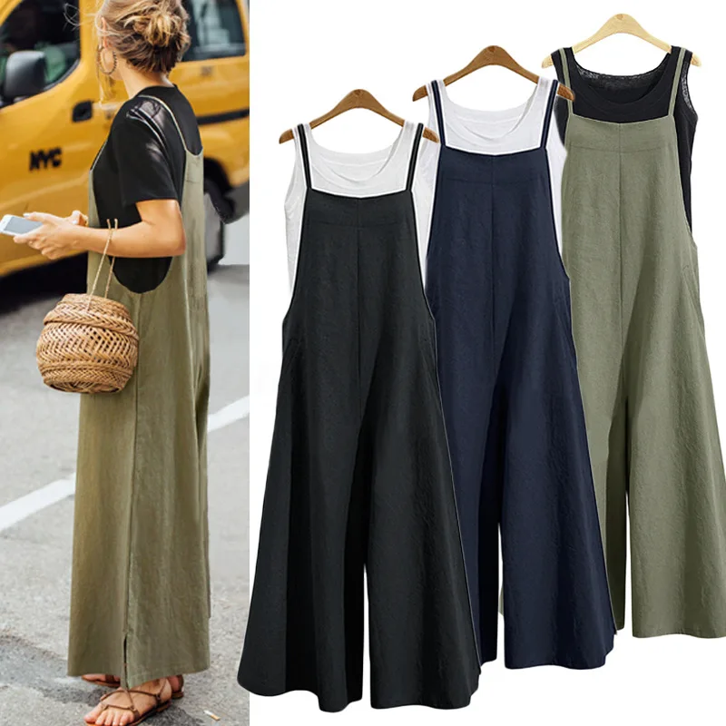 

Women Plus Size 5XL Strappy Overalls Romper Summer Cotton Wide Leg Jumpsuit, Khaki, grey, green, black, dark blue, light khaki