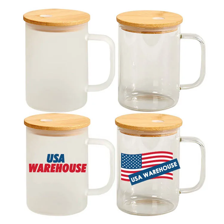 

USA Warehouse Custom UV Vinyl DTF 17oz Frosted Sublimation Glass Cup Beer Coffee Mug with Bamboo Lid and Straw