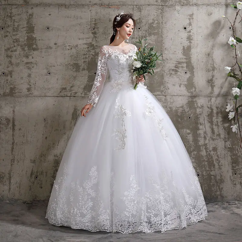 

New Cheap Fashion Long Sleeve Bridal Tulle Mariage Ball Gown Women Wedding Dress White Vestido De Noiva