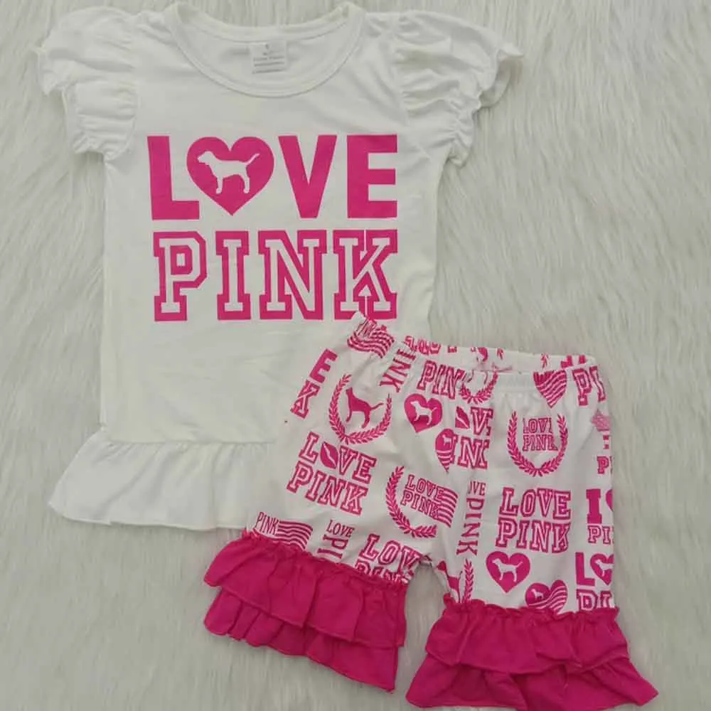 

2020 Baby Girls Summer Pink Love Letter Print Puff Sleeve Shirts Ruffle Shorts Toddler Kids Clothes Sets