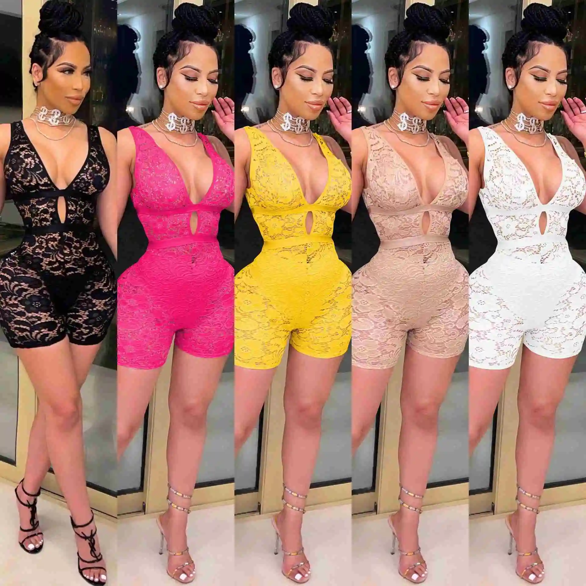 

TINA Amazon 2021 Lace V Neck Bodycon Jumpsuit Sexy Rompers For Women Short Romper Jumpsuit