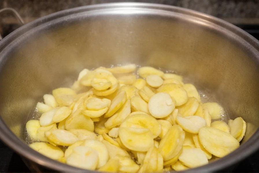 Fresh ginger root slices boiling in a stainless steel pot with steam rising, close-up photography