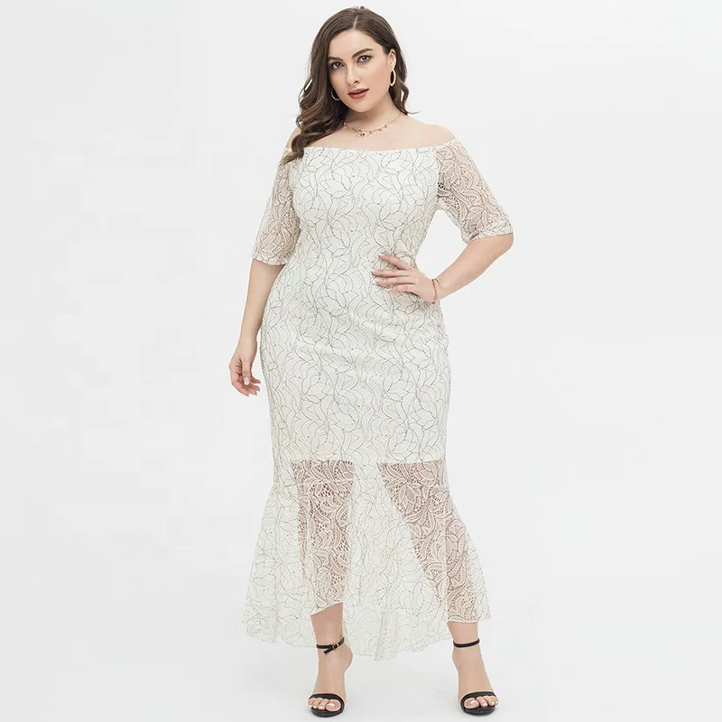 

Long Lace Dress White Hollow Out Design Elegant Ladies Plus Size Garment