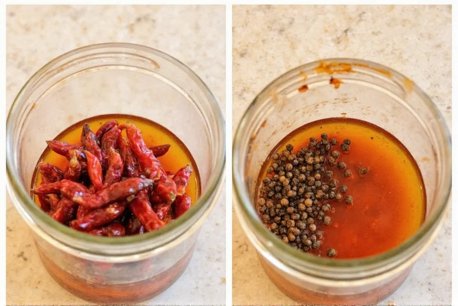 Step-by-step preparation of homemade chili oil showing dried chilies, Sichuan peppercorns, and aromatics in a glass jar