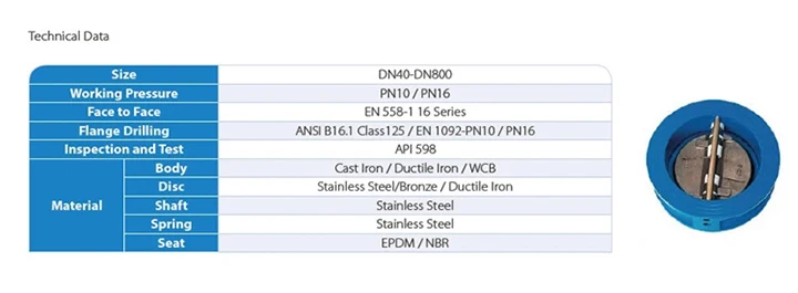 Ductile iron GGG40/50 Wafer Type Dual Plate Check Valve