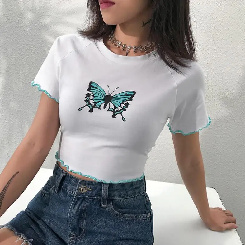 

Summer Streetwear Casual butterfly printed ladies short sleeve cotton slim crop tops, Picture