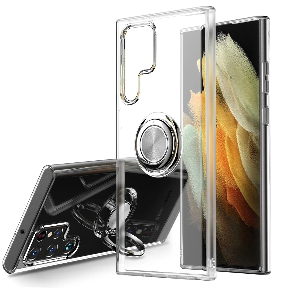 

Transparent Magnetic Ring Car Holder Protective Cover For Samsung Galaxy S22 Ultra S21 FE Stand Case Capa, As picture show