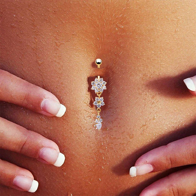 

2020 Hot Fashion Body Stainless Steel Sexy Piercing Navel Nail Crystal Flower Belly Button Rings for Women Girls Party