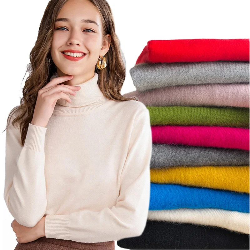 

2020 New Fashion Cashmere Sweaters Plus Size Turtleneck Knitwear Solid Color High Neck Women's Sweater Pullover, Solid color as shown