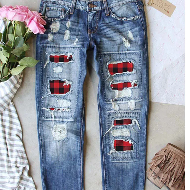 

Distressed cotton plus size pantalon chic sexy straight leg slim fit denim trousers hip hop ripped patchwork jeans women