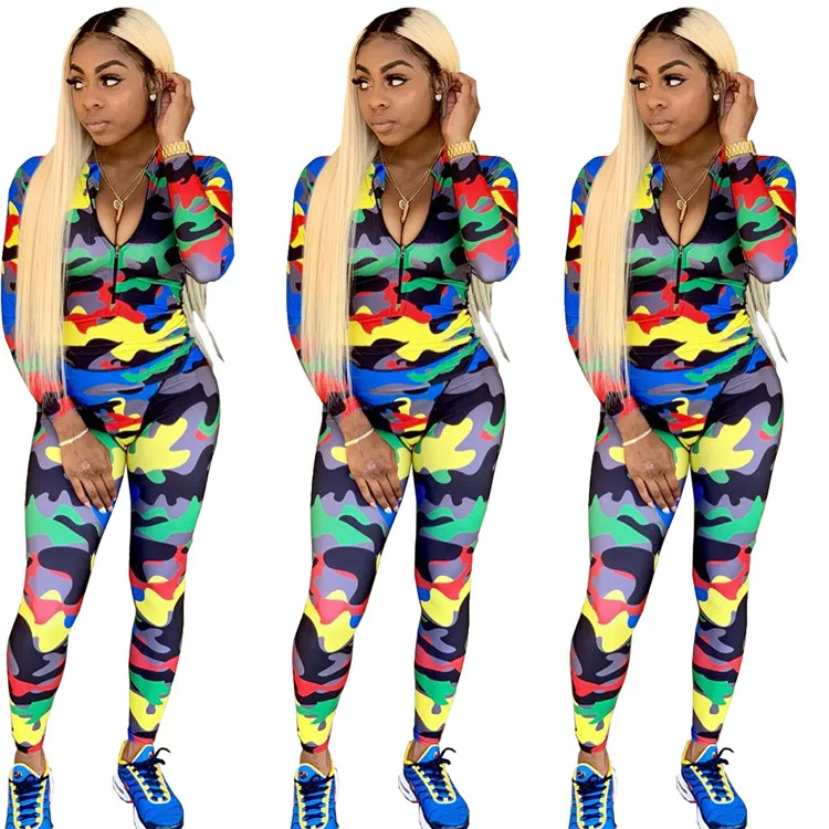 

B91619 hot sale camouflage open-neck long sleeves rompers women bodycon jumpsuit women rompers sexy jumpsuit 2019