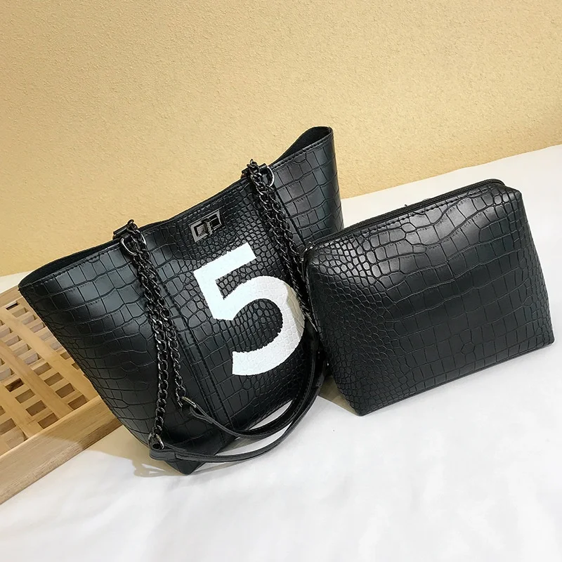 

Big Capacity Fashion Crocodile Skin Chain Tote Bag 2020 New Hot sell shoulder bag vintage simple handbag bucket bag 2pcs set, 4 colors