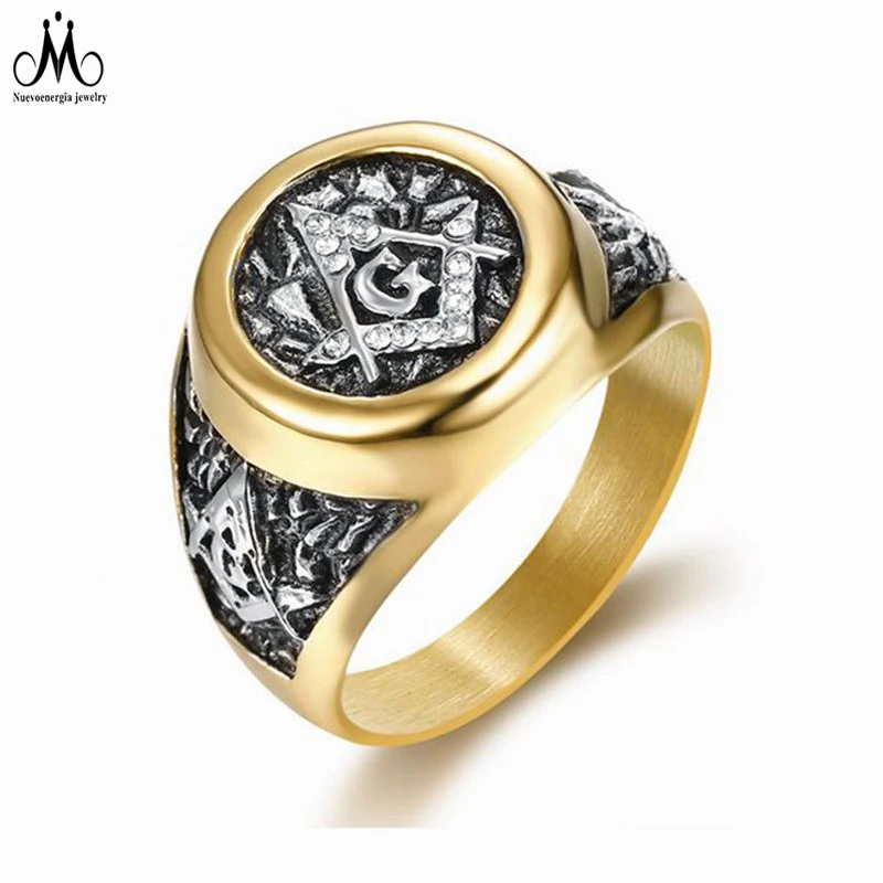 

Best Selling Gold Plated Stainless Steel Crystal Masonic Ring Custom Men Jewelry