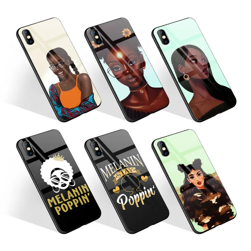 

Melanin Poppin Black Goddess Women Hard Plastic Glass Mobile Phone Cases for iPhone 11 12 Pro Max Case for SM S20 S21 S10