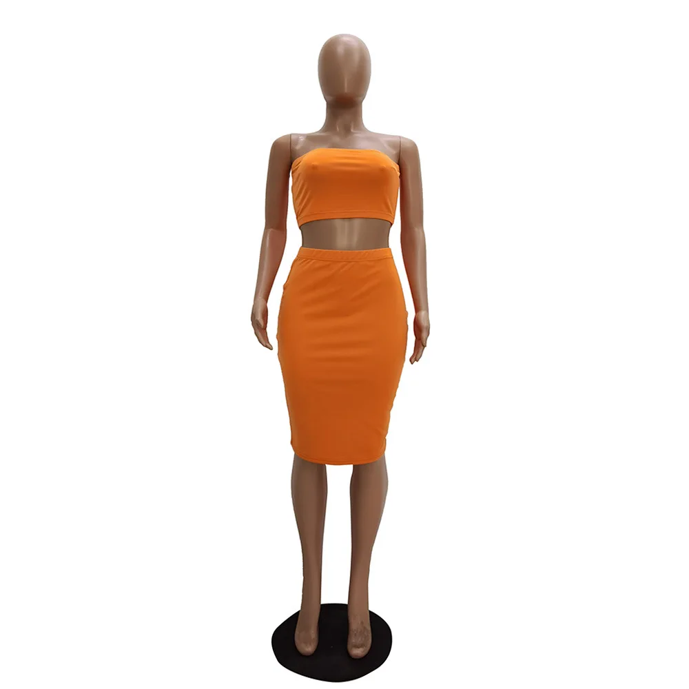 

New arrivals 2021 Two Piece Skirt Set Women Clothing Pencil Casual Dresses Solid Color Sun Tube Woman'S Dress, Picture shows