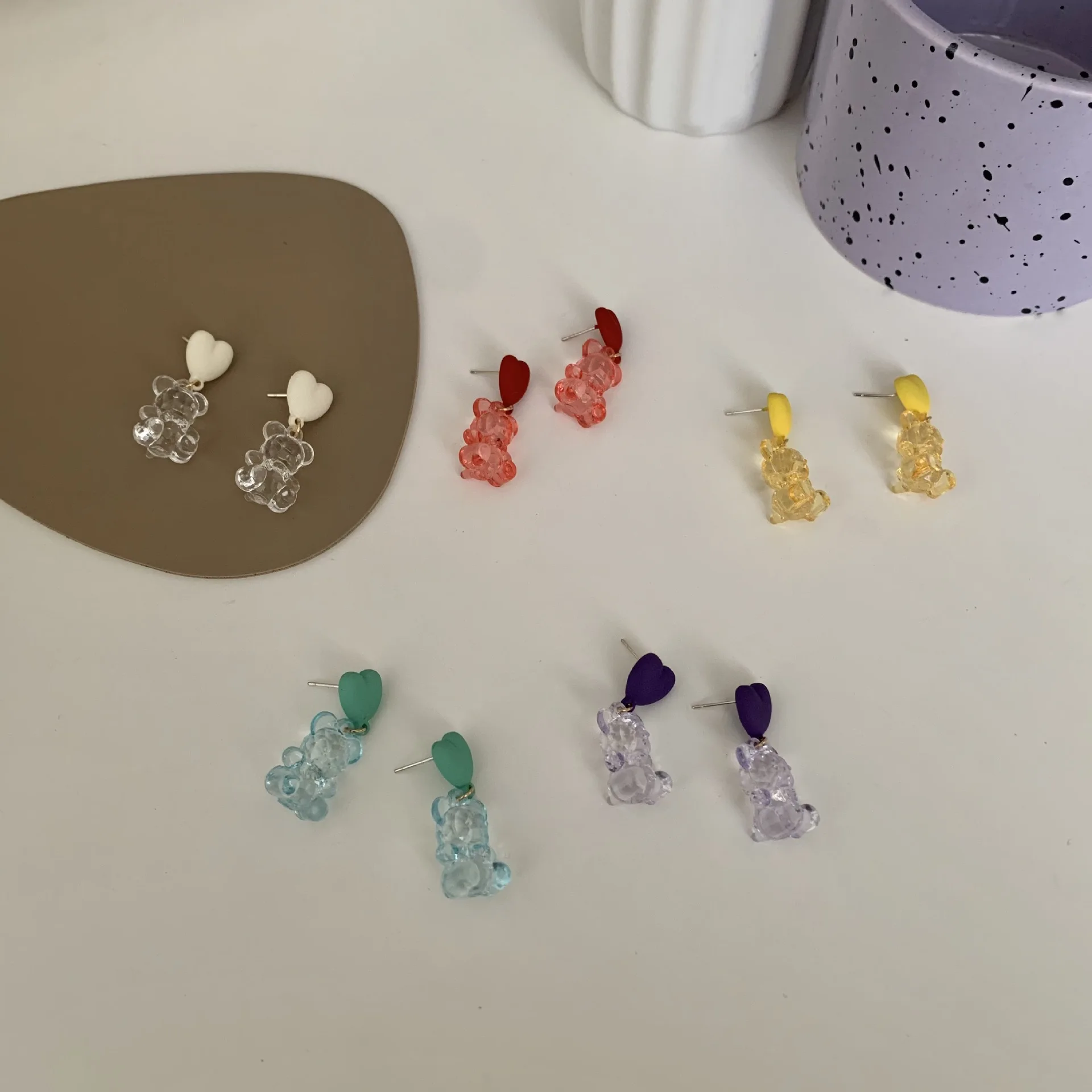 

Newest Hot Sale Temperament Cute Candy Color Bear Design Heart Shaped Stud Earrings For Girls, Picture shows