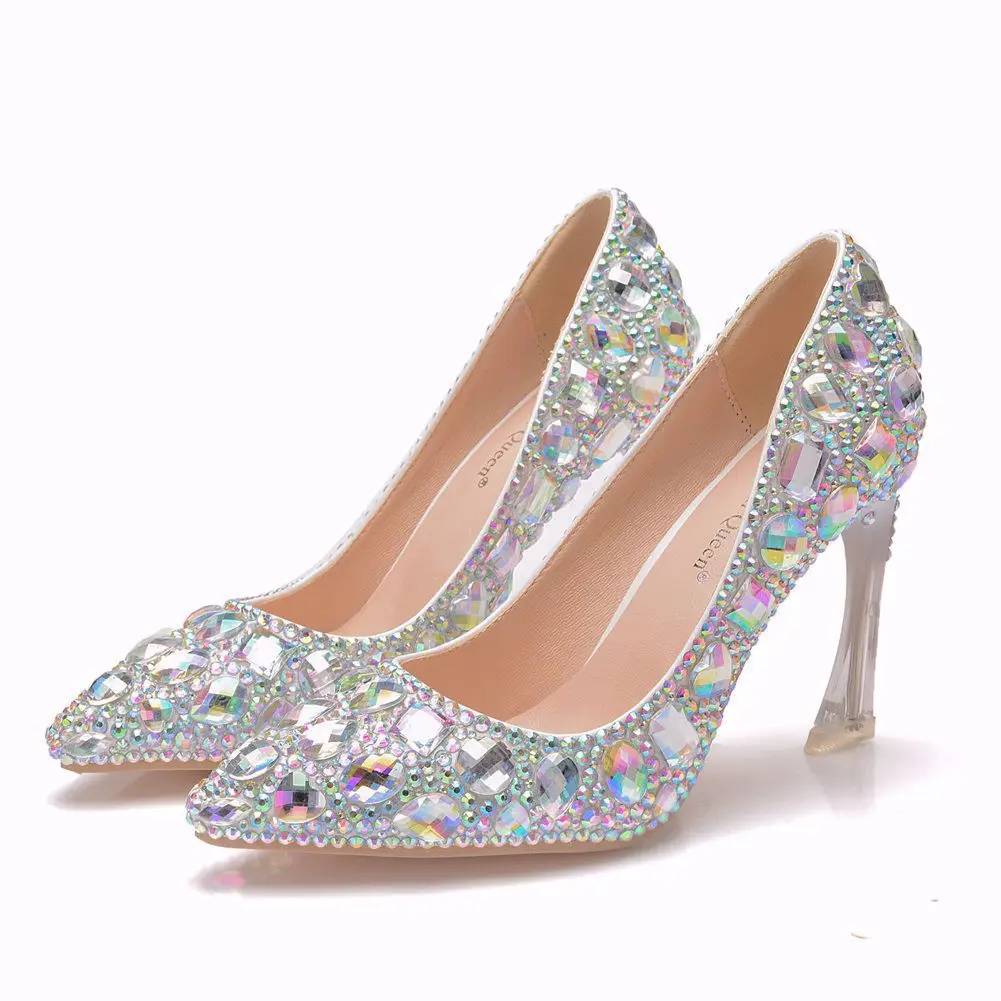 

Luxury Handmade Rhinestone crystal heel pointed toe wedding dress Evening Party pumps heels shoes women high heels bridal shoes, White