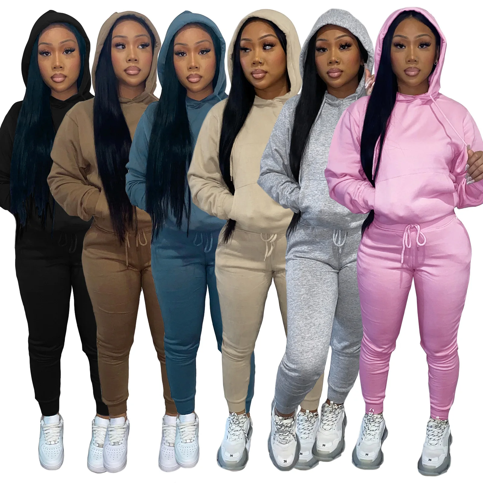 

High Quality Fall 2021 Women Clothes Crop Top Hoodie Drawstring Trousers Jogging Jogger Sweatsuit Sweatpants And Hoodie Set, 6 color